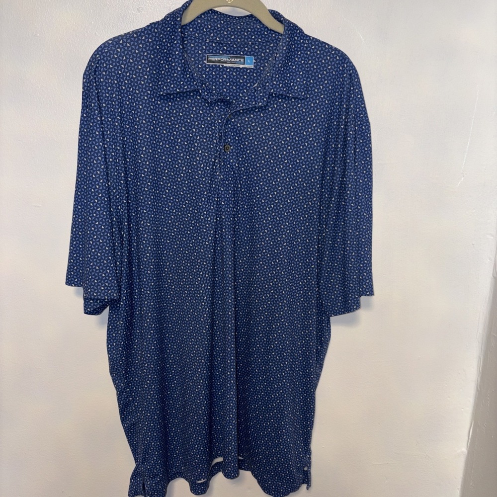 Roundtree & Yorke Performance Polo Shirt Mens L Geometric Blue Golf Short Slv